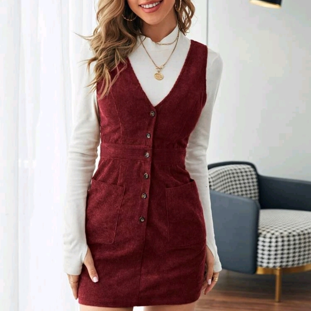 SHEIN Maroon Button Down Corduroy Pocket Dress
